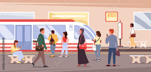 Cartoon crowd of people travel, waiting and standing on platform with metro train background. City transportation concept. Underground subway station interior with passengers vector illustration