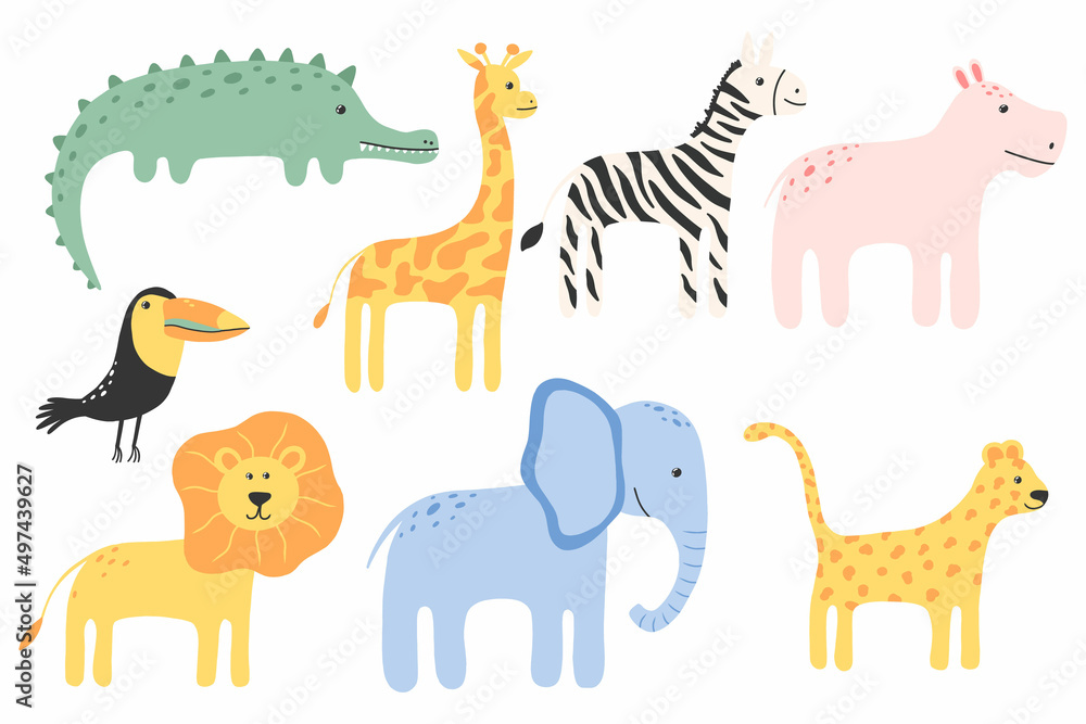 Obraz premium Hand drawn set of cute jungle animals. Jungle animals. Crocodile, giraffe, hippopotamus, zebra, toucan, elephant, lion, leopard. Baby animals. Vector illustration.