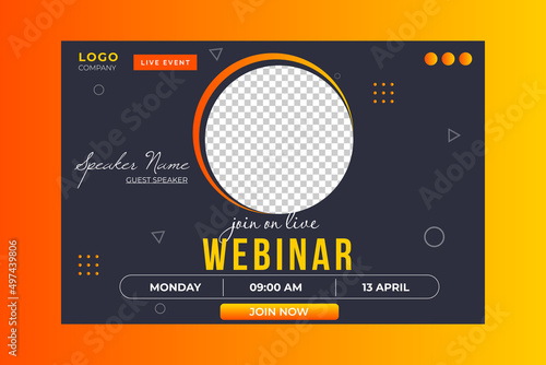 Invitation web banner to the online conference. Business webinar invitation design. Announcement poster concept. Modern abstract black background with place for photos