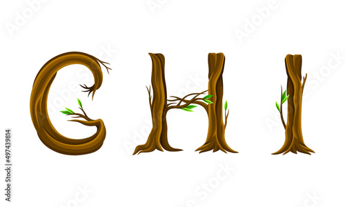 G,H,I letters made of branches and leaves. Eco english alphabet font vector illustration