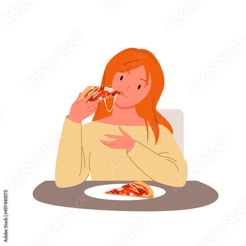 Woman eating pizza vector illustration. Cartoon happy girl dining, female student sitting at cafe table to eat delicious slice of pizza from plate isolated on white. Fast food, lifestyle concept