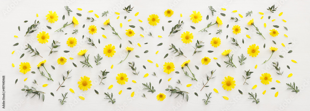 Top view image of yellow chrysanthemum field flowers composition over wooden white background. Flat lay