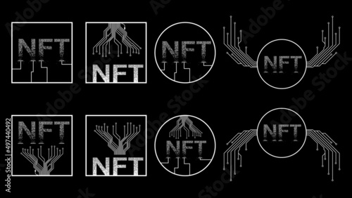 Set of white icons NTF non fungible token isolated on black background. Website design element.