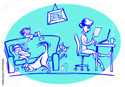 Illustration of a Female working from home. Her children and pets are behind her playing