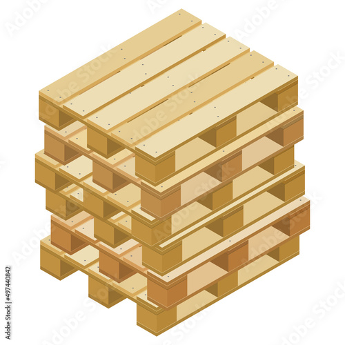 Pile of isometric pallets for packaging and transportation isolated on white.