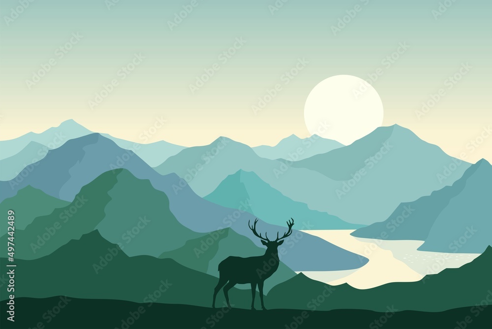 landscape With Mountain and deer landscape With Mountain and deer
