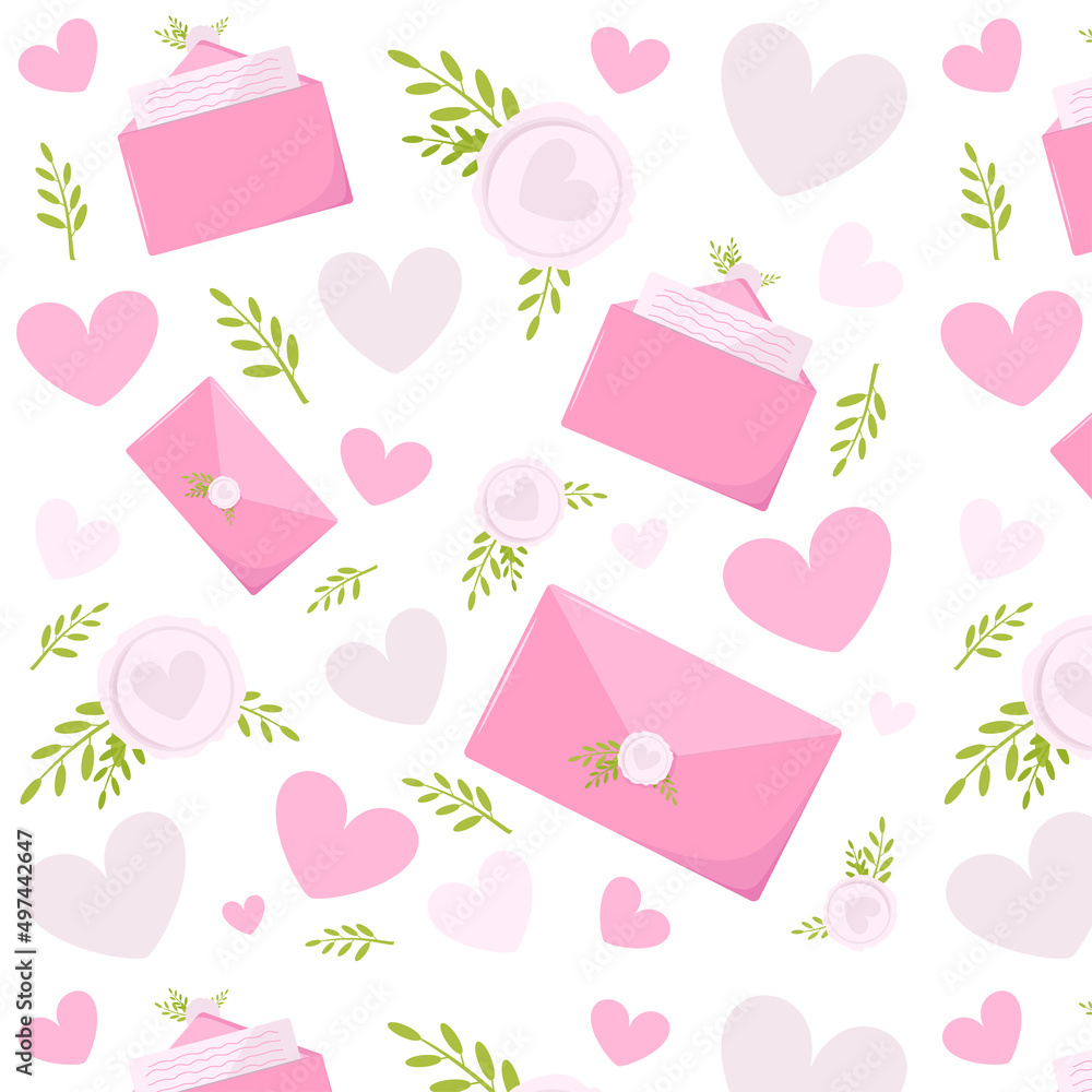 Cute seamless love pattern with pink letters, envelopes, mail, o white color. love you. doodle, carto illustrations. Background texture design for web, print and textile, wallpaper. Valentine, wedding Cute seamless love pattern with pink letters, envelopes, mail, o white color. love you. doodle, carto illustrations. Background texture design for web, print and textile, wallpaper. Valentine, wedding
