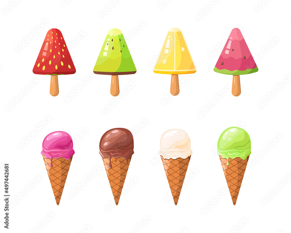 Ice cream collection, vector illustration. Watermelon, kiwi, strawberry, melon Ice cream collection, vector illustration. Watermelon, kiwi, strawberry, melon