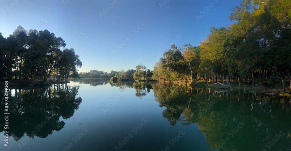 Panorama of mountain and lake beautiful calm reflection water.Beauty of nature concept background.