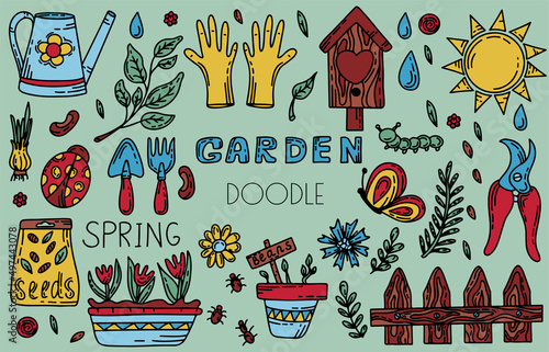 Vector gardening doodle set. Cartoon hand drawn isolated design horticulture elements. Spring set for gardening and floriculture. Sketch of a nerd hobby icon