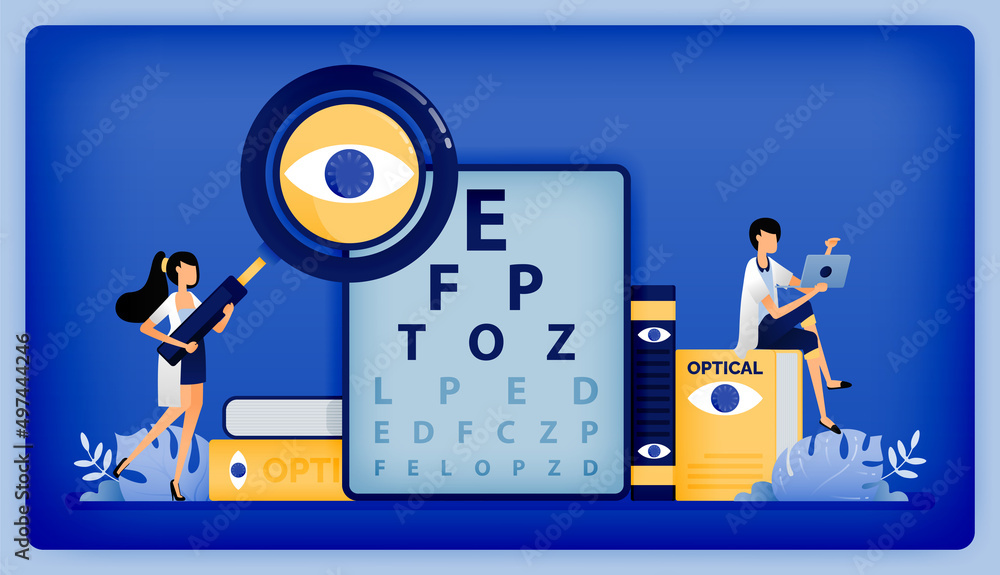 Obraz premium Optical health illustration of ophthalmologists seek best treatment from patients with eye disorders tested with Snellen. Can be used to landing page, web, website, poster, mobile apps, flyer, card