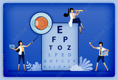 Optical health illustration of ophthalmologist explains damaged part of retina using eye anatomy and snellen. Can be used to landing page, web, website, poster, mobile apps, brochure, ads, flyer, card