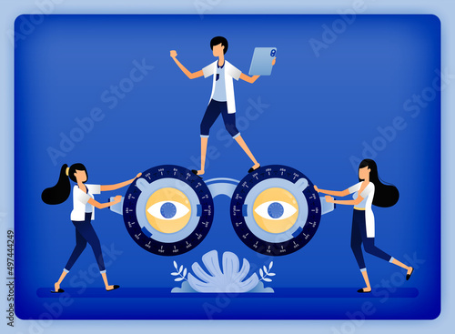 Optical health illustration of ophthalmologist checks the patients visual acuity to diagnose and prescribe. Can be used to landing page, web, website, poster, mobile apps, brochure, ads, flyer, card