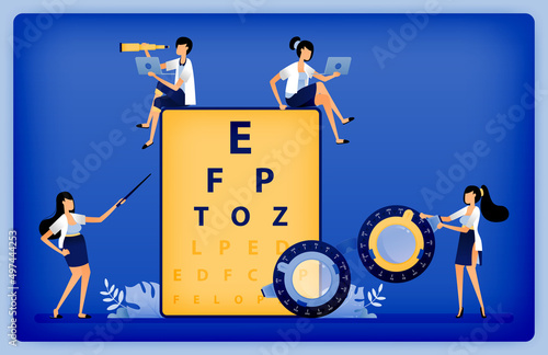 Optical health illustration of Optometrists use Snellen and trial frames to measure patients myopia disorder. Can be used to landing page, web, website, poster, mobile apps, brochure, ads, flyer, card