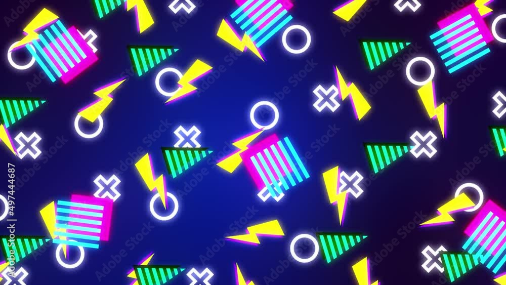 Seamless loop 4k pop art design.Retro abstract 90's style background 2d animation. Violet, yellow, purple, green, blue, cyan and pink colors. Vibrant neon geometrical shapes on purple background. Seamless loop 4k pop art design.Retro abstract 90's style background 2d animation. Violet, yellow, purple, green, blue, cyan and pink colors. Vibrant neon geometrical shapes on purple background.