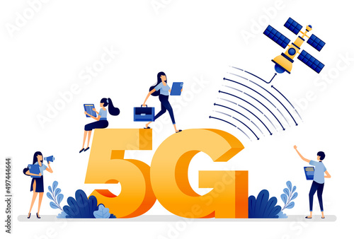Illustration design of activities easier with speed of 5g lte internet network connected to satellite. Vector can be used to landing page, web, website, poster, mobile apps, brochure ads, flyer, card photo