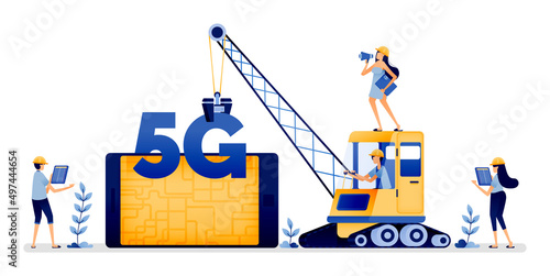 Illustration design of engineer implements 5g system technology with mobile apps for easy communication. Vector can be used to web, website, poster, mobile apps, brochure ads, flyer, business card