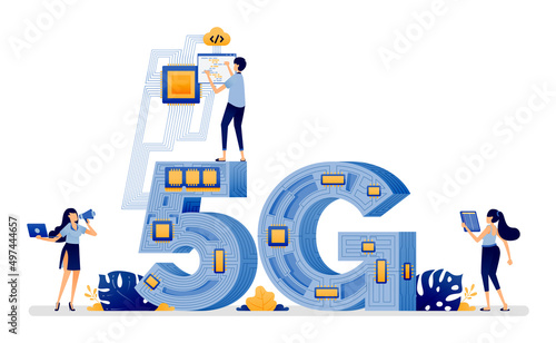 Illustration design of 5g with optical network cables that surround and stick together to form a network. Vector can be used to web, website, poster, mobile apps, brochure ads, flyer, business card