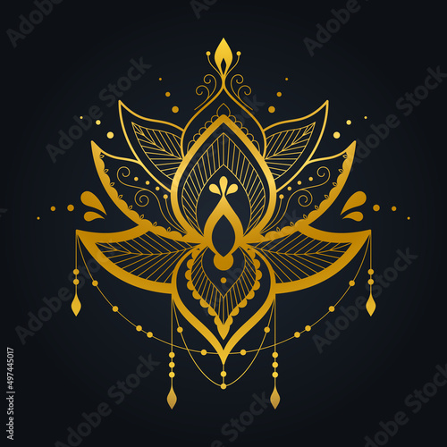 Luxury Golden lotus on black background. Vector illustration in boho design