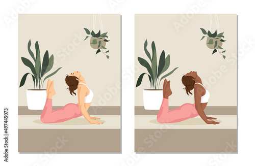 Vector illustration in faceless style. A girl (in two versions, dark-skinned and light-skinned) goes in for sports on a rug, does stretching or some kind of exercise, there is one flowerpot behind her