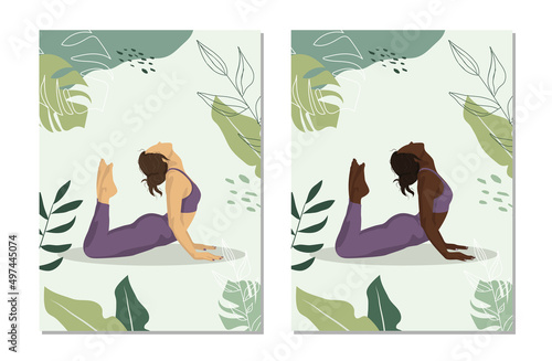 vector illustration in faceless style. The girl (in two versions, dark-skinned and light-skinned) goes in for sports, does stretching or exercises, she is surrounded by plants in a minimalist style.