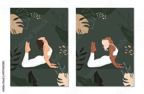 Vector illustration in faceless style. The girl (in two versions, dark-skinned and light-skinned) goes in for sports, does stretching or exercises, she is surrounded by plants in a minimalist style.