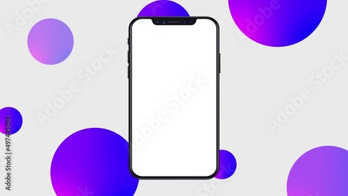 Modern Mobile Phone Mock up on Motion Animated Background with Pink Purple Gradient Circles . Smartphone Blank UX UI Design Motion Graphics . Advertising and Offer Personation Template Mock-up photo