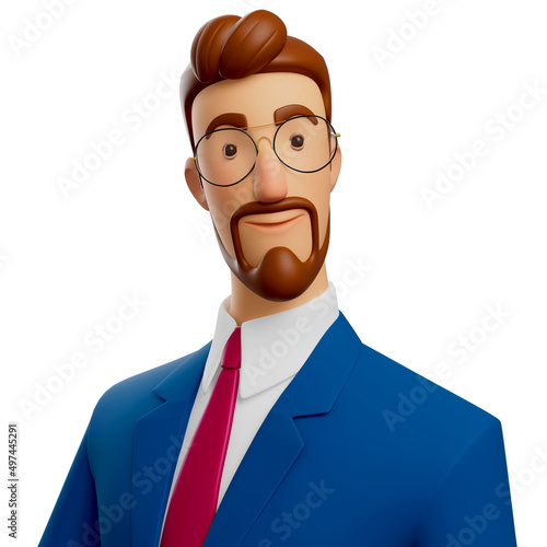 3D illustration of smiling businessman close up portrait. Cute cartoon man avatar, character face, isolated on white background