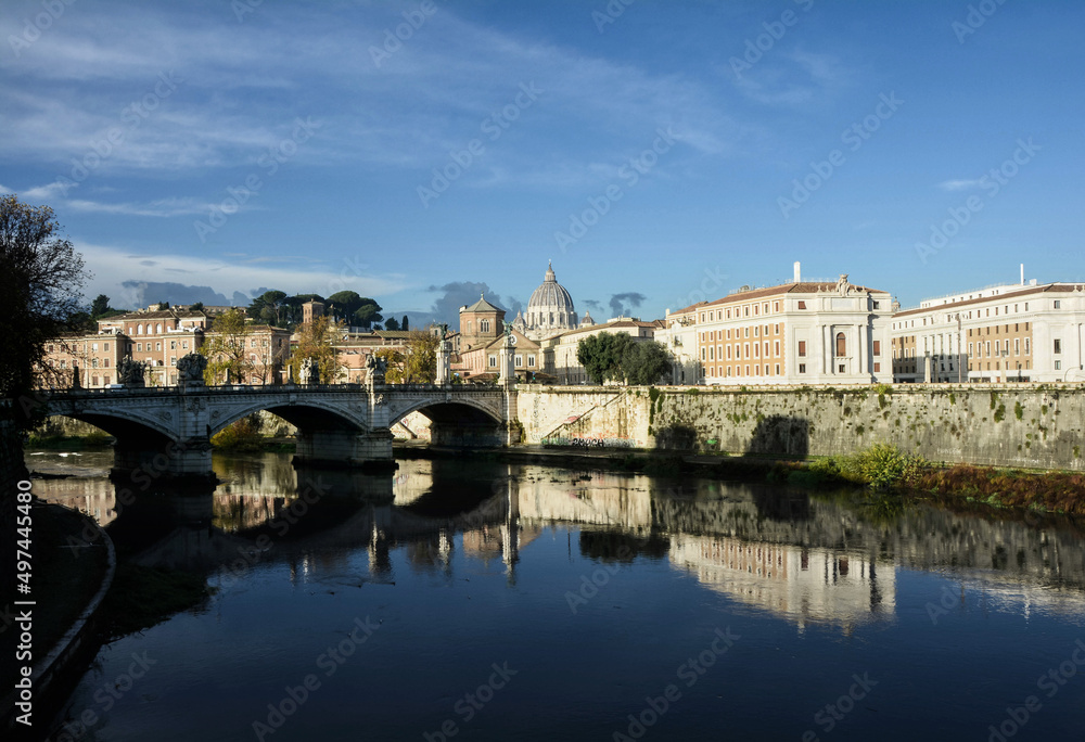 View from the banks of the river Tiber to St. Peter's Cathedral in Rome