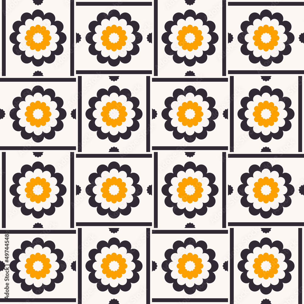 Vector geometric yellow flower shape patchwork seamless pattern background. Use for fabric, textile, interior decoration elements, upholstery, wrapping. Vector geometric yellow flower shape patchwork seamless pattern background. Use for fabric, textile, interior decoration elements, upholstery, wrapping.