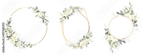 Flower watercolor wreath set design white bouquet rose flower vector. Invitation gold frame card illustration on white background