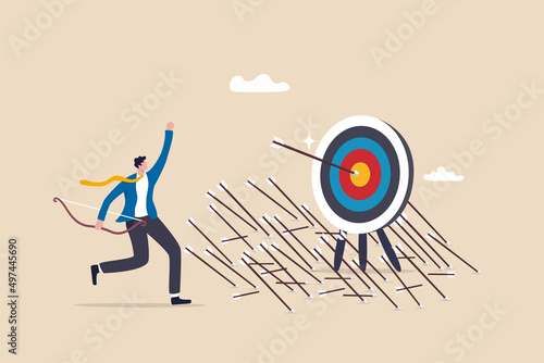 Effectiveness and efficiency to measure success rate, effort or cost to reach goal or target, practice until succeed concept, cheerful businessman finally hit target after too many unsuccessful tries.