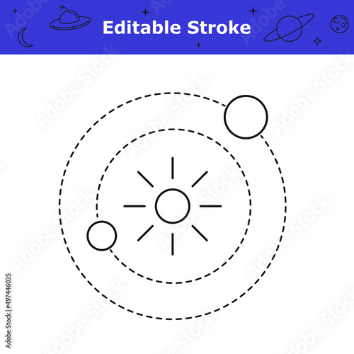 Solar system model icon with editable stroke.  Ursa Sun and planets with orbit simple symbol isolated on white background. Planetary objects. Astronomy, space themes pictogram