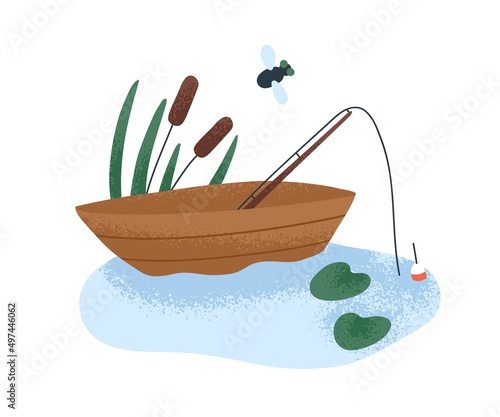 Empty wood boat with fishing rod, pole and bobber floating on lake water. Peaceful fairytale nature with wooden vessel in river. Childish flat vector illustration isolated on white background