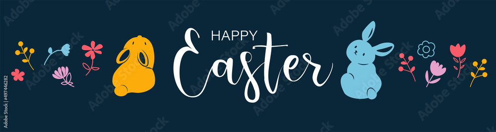 Happy Easter card, cute bunny, eggs and flowers elements, vector illustration