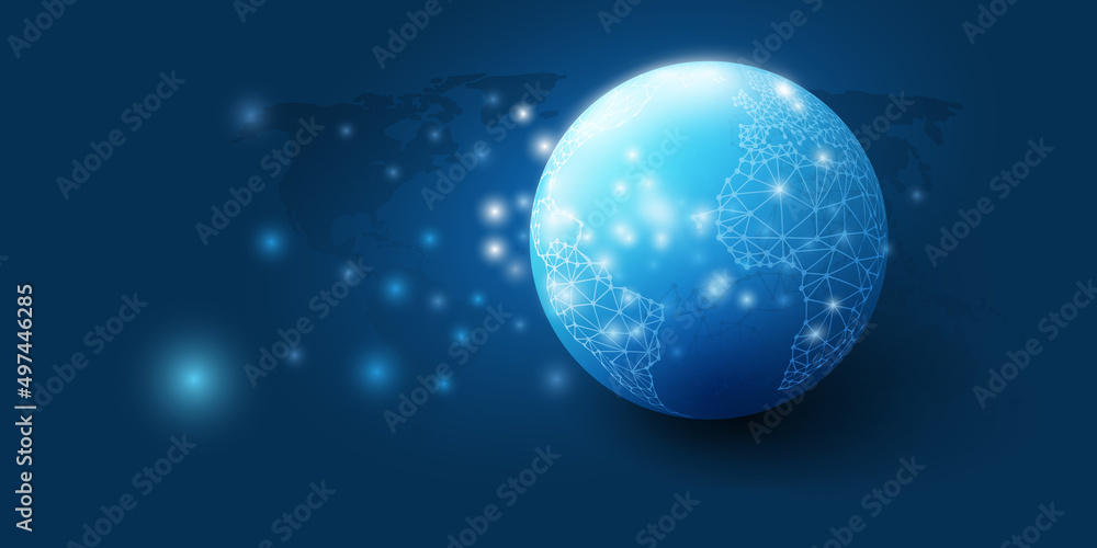 Abstract Blue Modern Style Cloud Computing, Global Networks Structure, IT or Telecommunications Concept Design, Network Connections, Earth Globe and World Map - Creative Design, Vector Illustration Abstract Blue Modern Style Cloud Computing, Global Networks Structure, IT or Telecommunications Concept Design, Network Connections, Earth Globe and World Map - Creative Design, Vector Illustration