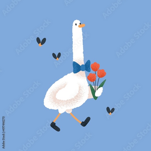 Cute funny goose going, holding spring flowers. Romantic bird in bow tie, kid...