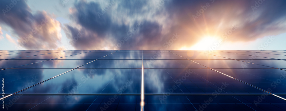 Renewable energy concept. Solar panels with cloudy sky in the background. 3D rendering. - obrazy, fototapety, plakaty 