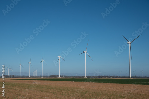 North Holland, Netherlands, March 2022. Wind turbines in the polder landscape of North Holland. © Bert