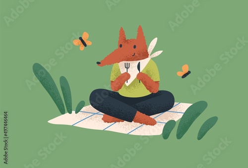 Cute fox relaxing in nature, sitting on picnic blanket on summer holidays. Funny happy baby animal eating outdoors. Fairytale childish character from fiction. Childrens flat vector illustration