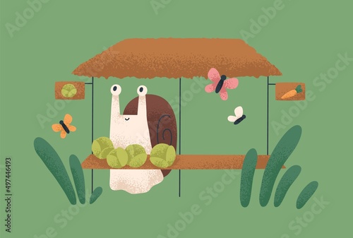 Cute snail selling vegetables at farm market. Funny baby animal behind counter with cabbage. Amusing fairytale character from childrens fiction. Nursery childish flat vector illustration