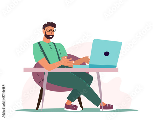 Man work with laptop through internet.Freelance IT worker working online.Person Freelancer sitting in chair and typing smth with computer on laps. Flat vector illustration isolated on white background