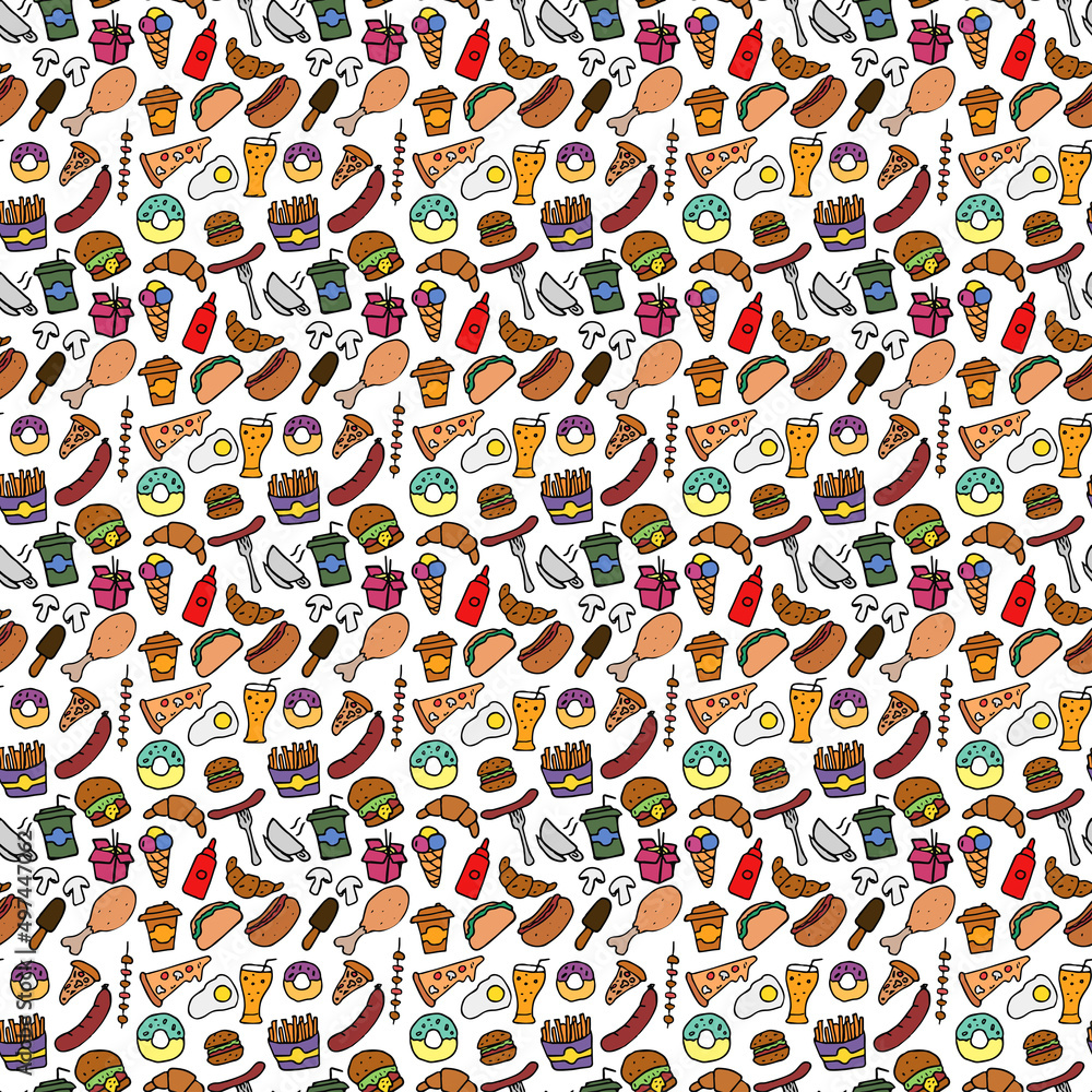 Doodle fast food pattern. seamless pattern with food icons. Fast food set icons, fastfood background.  food icons on white background. hand drown vector pattern with fast food icons