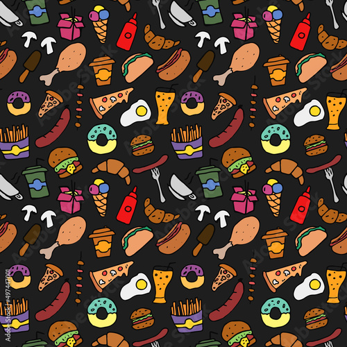 Doodle fast food pattern. seamless pattern with food icons. Fast food set icons, fastfood background.  food icons on black background. hand drown vector pattern with fast food icons