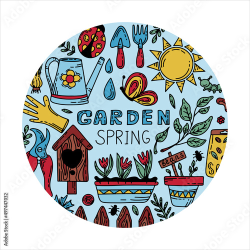 Vector gardening doodle banners. Cartoon hand drawn isolated design horticulture elements. Spring set for gardening and floriculture. Sketch of a nerd hobby icon
