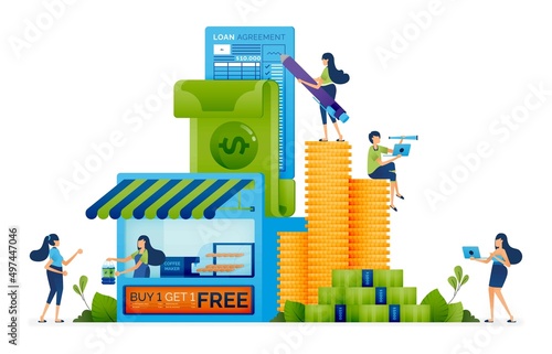 Business illustration of Provide financial guarantees and capital loan protection for local SMEs to support more equitable economy. Landing page, web, website, banner, ads, card, apps, brochure, flyer