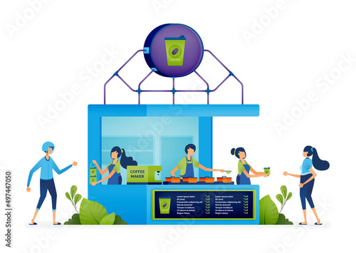 Business illustration of People line up and shop at young entrepreneurs SME boot that sells coffee and tapioca drinks. Landing page, web, website, banner, ads, card, apps, brochure, flyer