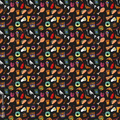 Doodle fast food pattern. seamless pattern with food icons. Fast food set icons, fastfood background.  food icons on black background. hand drown vector pattern with fast food icons