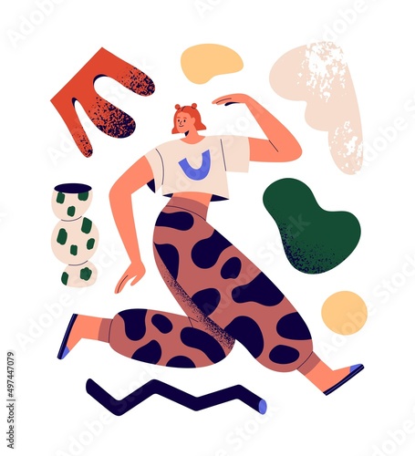 Modern young active creative person among abstract geometric shapes. Woman creator with contemporary ideas. Business and creativity concept. Flat vector illustration isolated on white background