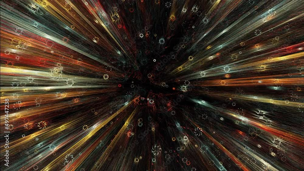 Animated video of abstract random glowing objects appear, race towards viewer then fade to black